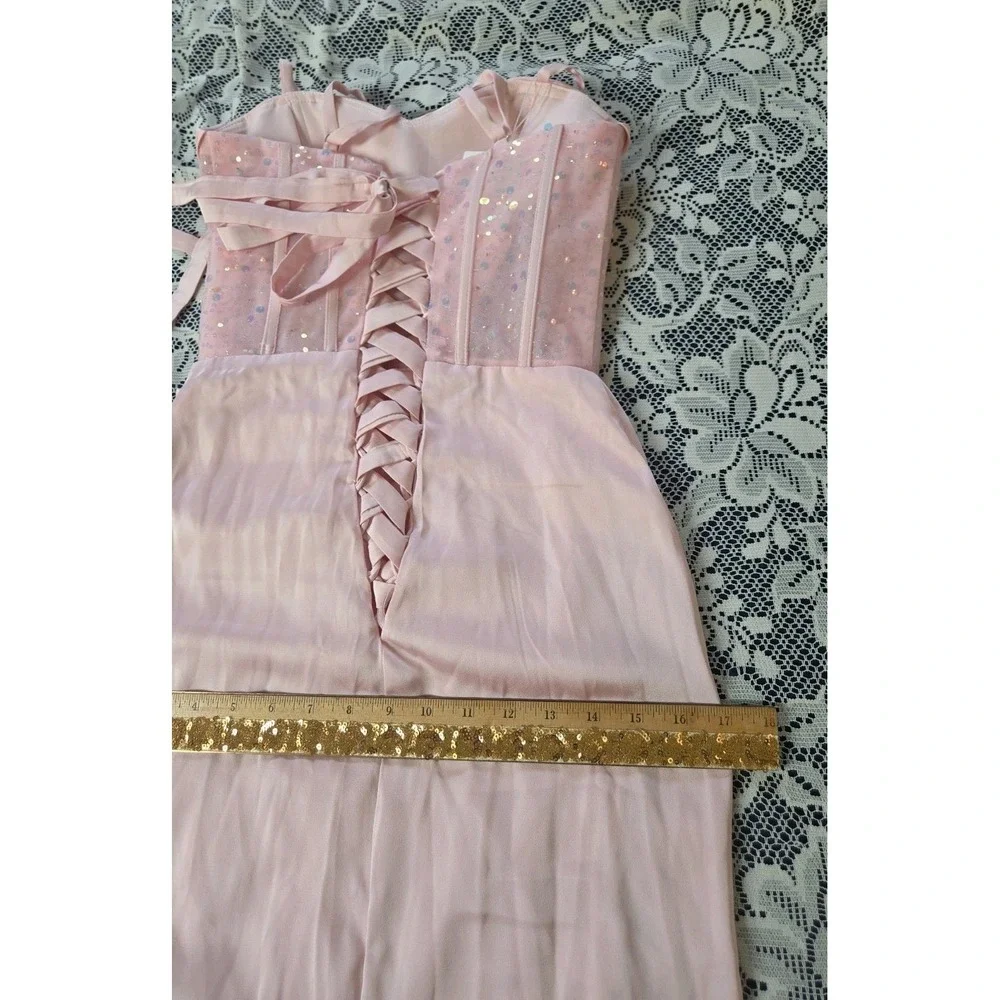 Pink Satin Formal Maxi Dress 0 Corset  Ruched Adjustable Sheer Bodice Scarf NWT